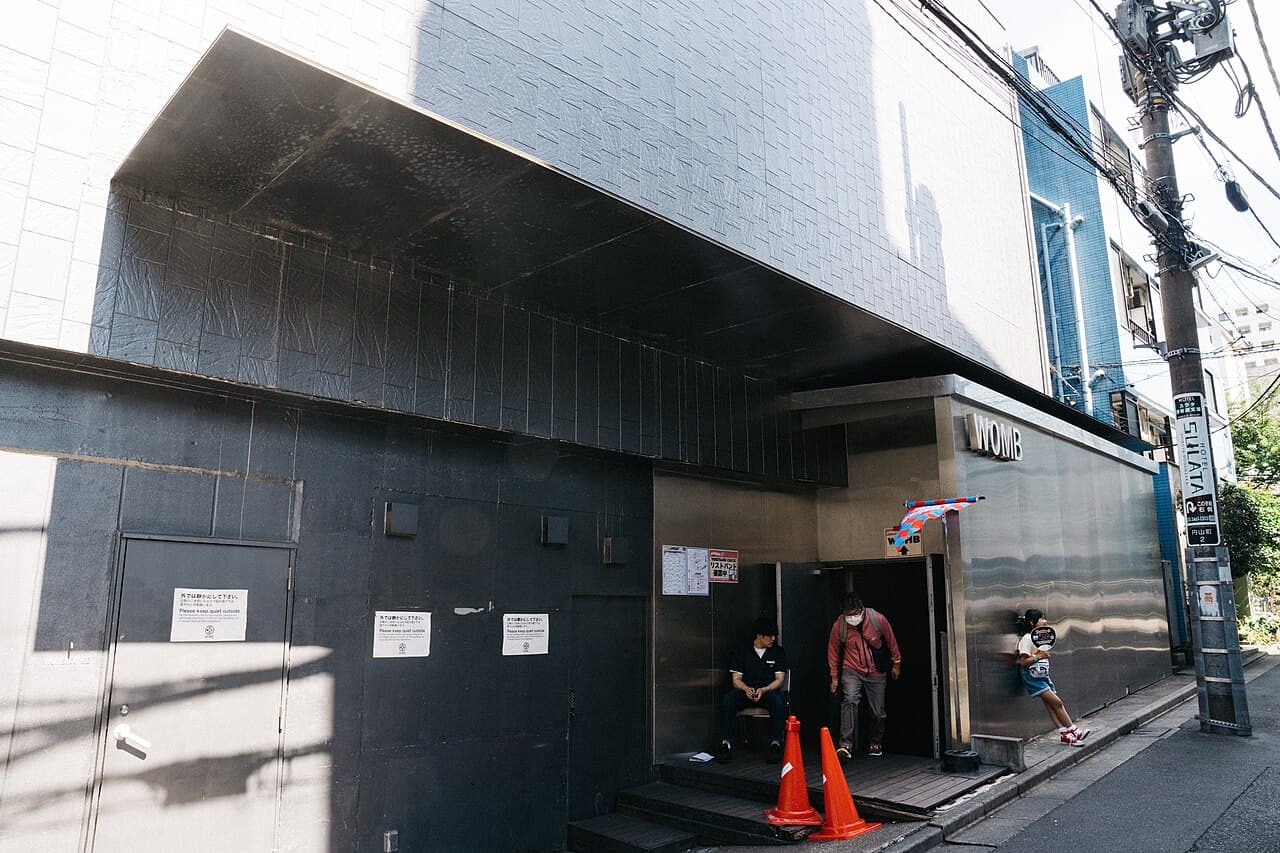 Exterior of the WOMB nightclub in Shibuya, Tokyo at night