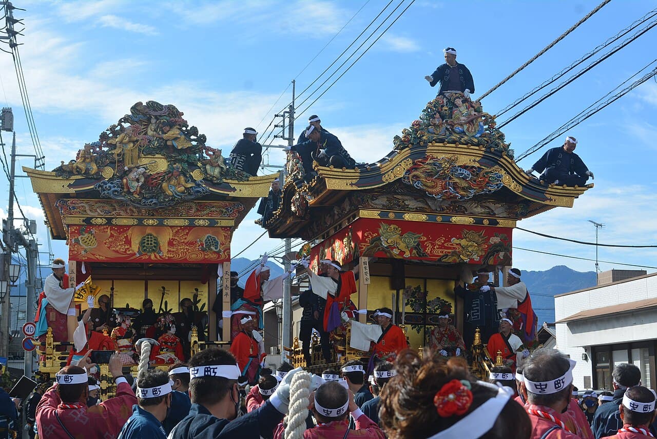 Lantern-lit floats passing through the streets at the Chichibu Night Festival