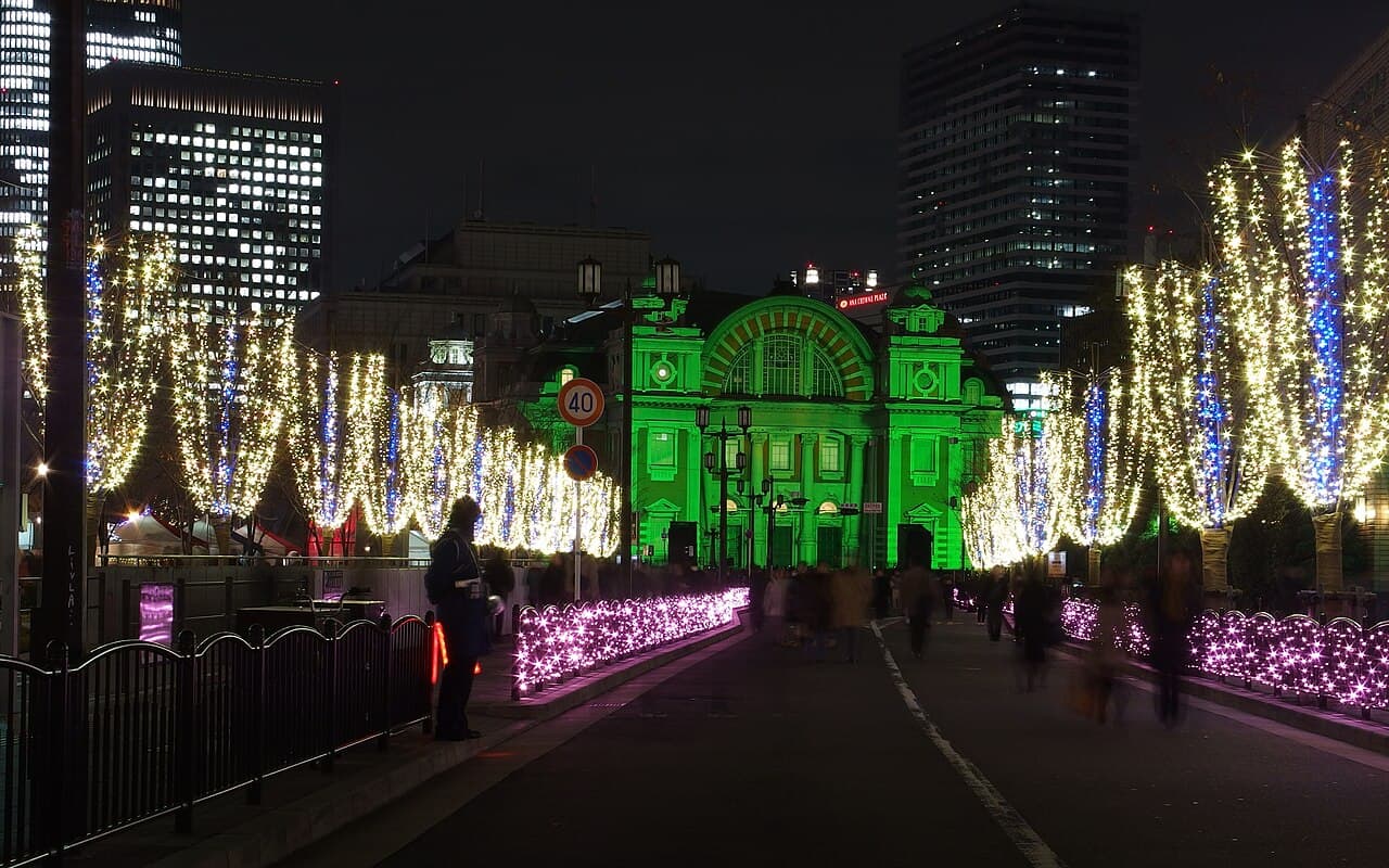 Osaka City Central Public Hall lit in green during OSAKA Hikari-Renaissance, viewed along the illuminated tree-lined street on Nakanoshima (Osaka, photographed December 2014)