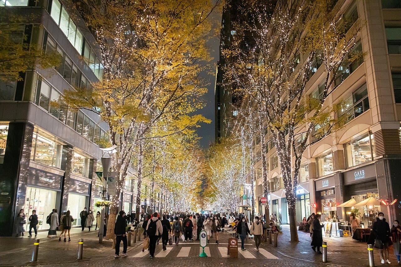 Winter illumination lighting up the trees along Marunouchi Naka-dori in Tokyo