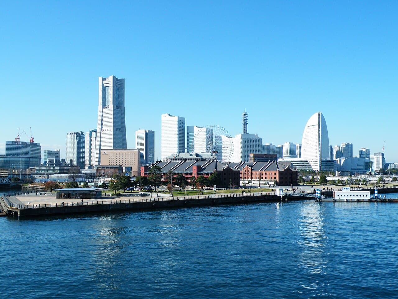 The Minato Mirai 21 waterfront skyline in Yokohama with the Landmark Tower and harbor