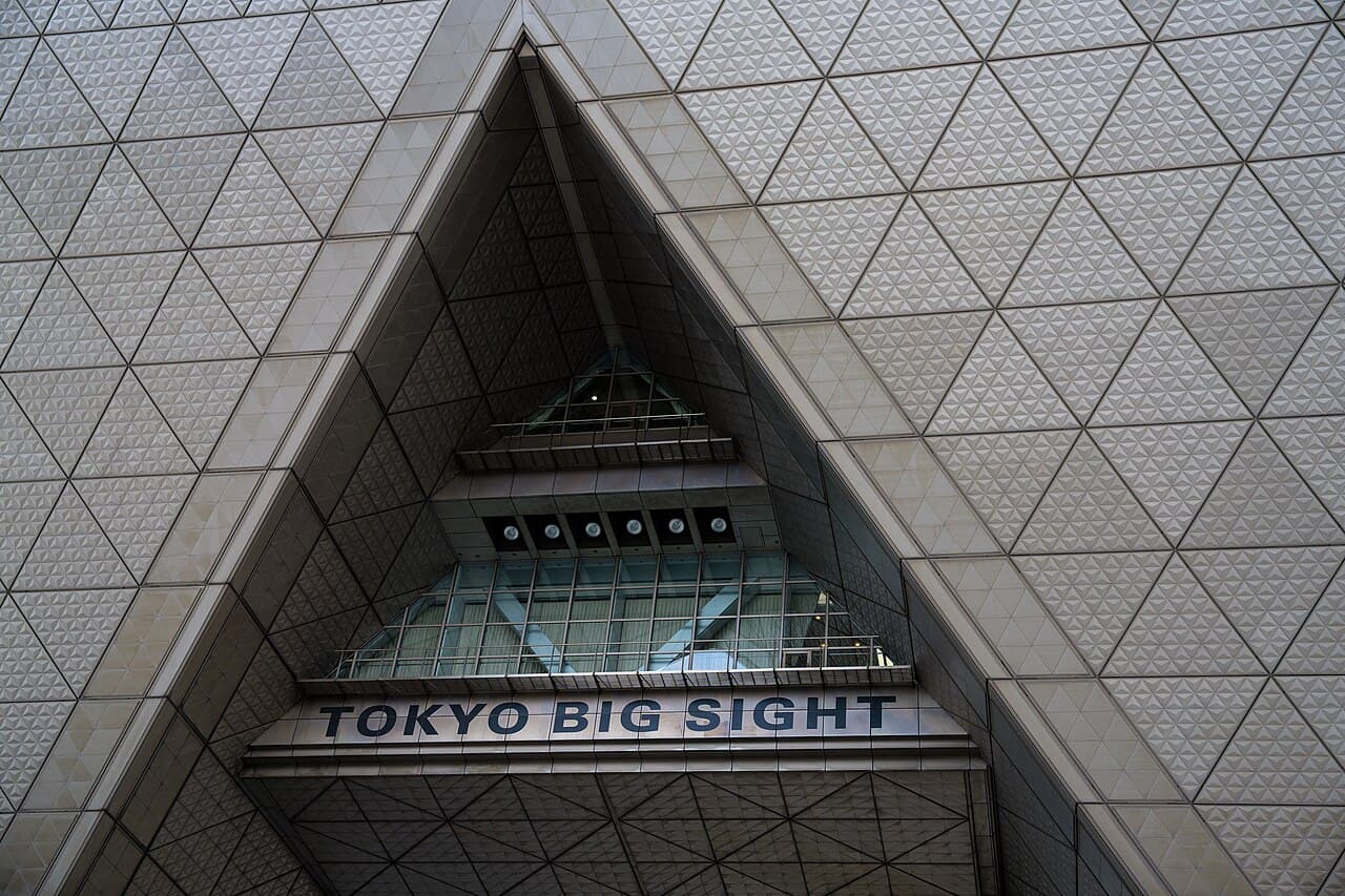 The distinctive inverted-pyramid towers of Tokyo Big Sight convention center in Ariake
