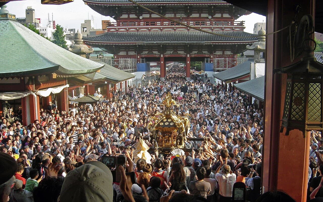 A main mikoshi near the Hozomon gate of Senso-ji during Sanja Matsuri, Asakusa, Tokyo