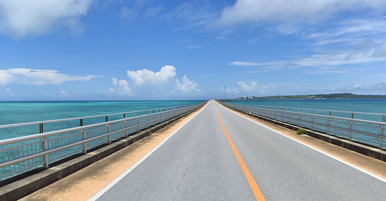 Irabu Bridge connecting Miyako Island to Irabu Island over turquoise water, Okinawa