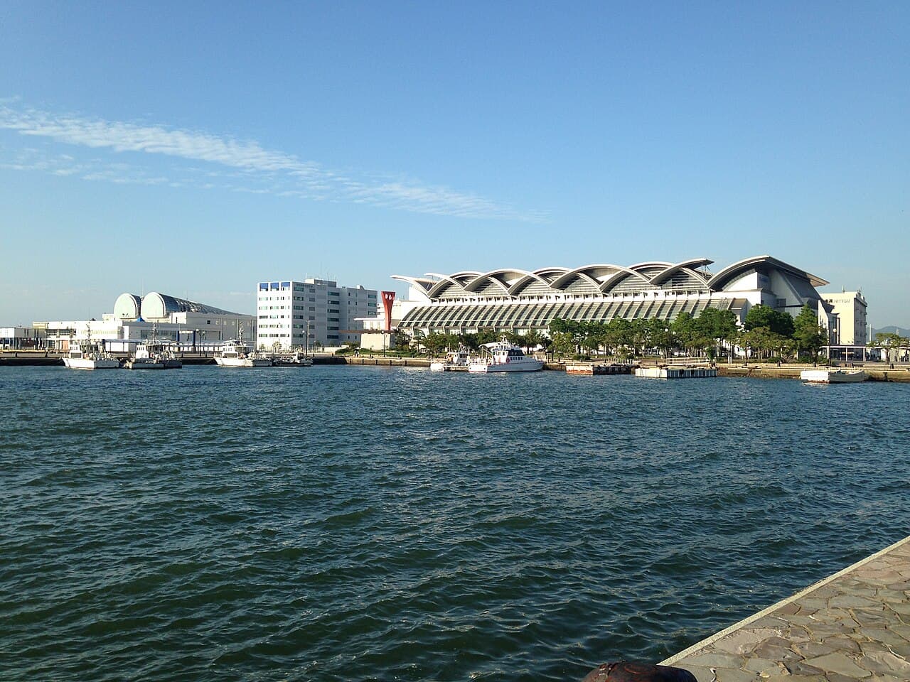 Exterior of Marine Messe Fukuoka Hall A, the wave-and-seagull-shaped concert and convention hall on Hakata Bay in Hakata-ku, Fukuoka, Japan