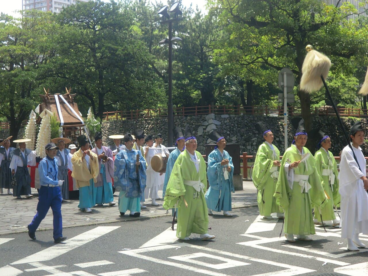 Kokura Gion Daiko's sacred procession (goshinkosai) departing Yasaka Shrine during the festival in Kitakyushu