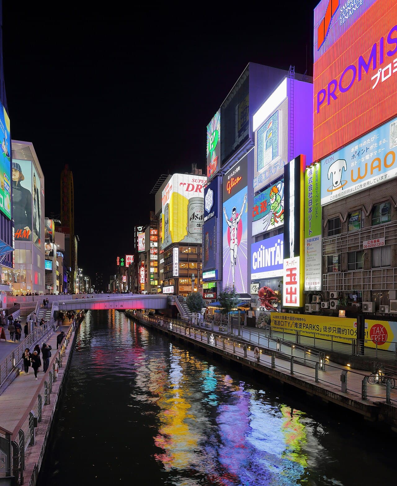 Neon signs reflecting on the Dotonbori Canal at night, Osaka
