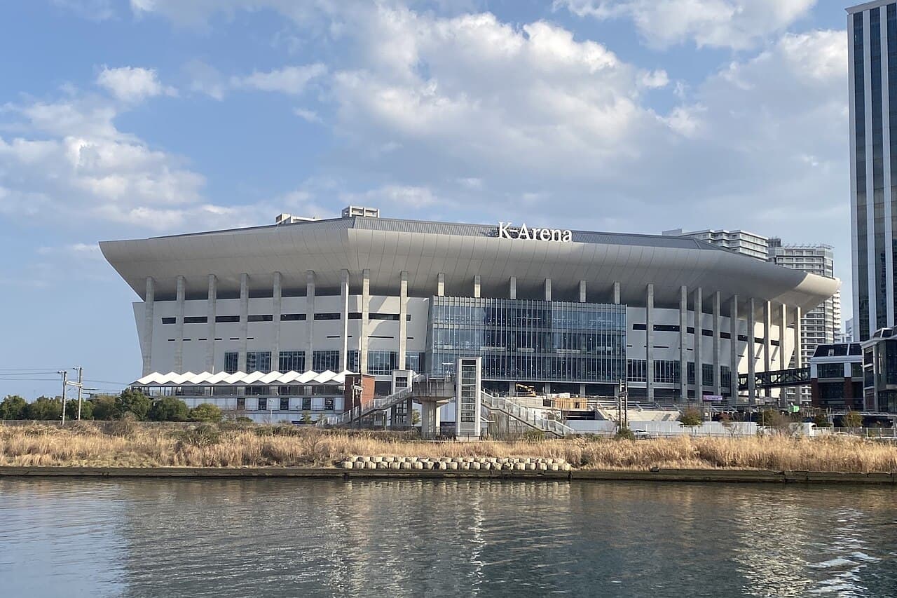 Exterior of K-Arena Yokohama, the world's largest music-dedicated arena, in the Minato Mirai district of Yokohama