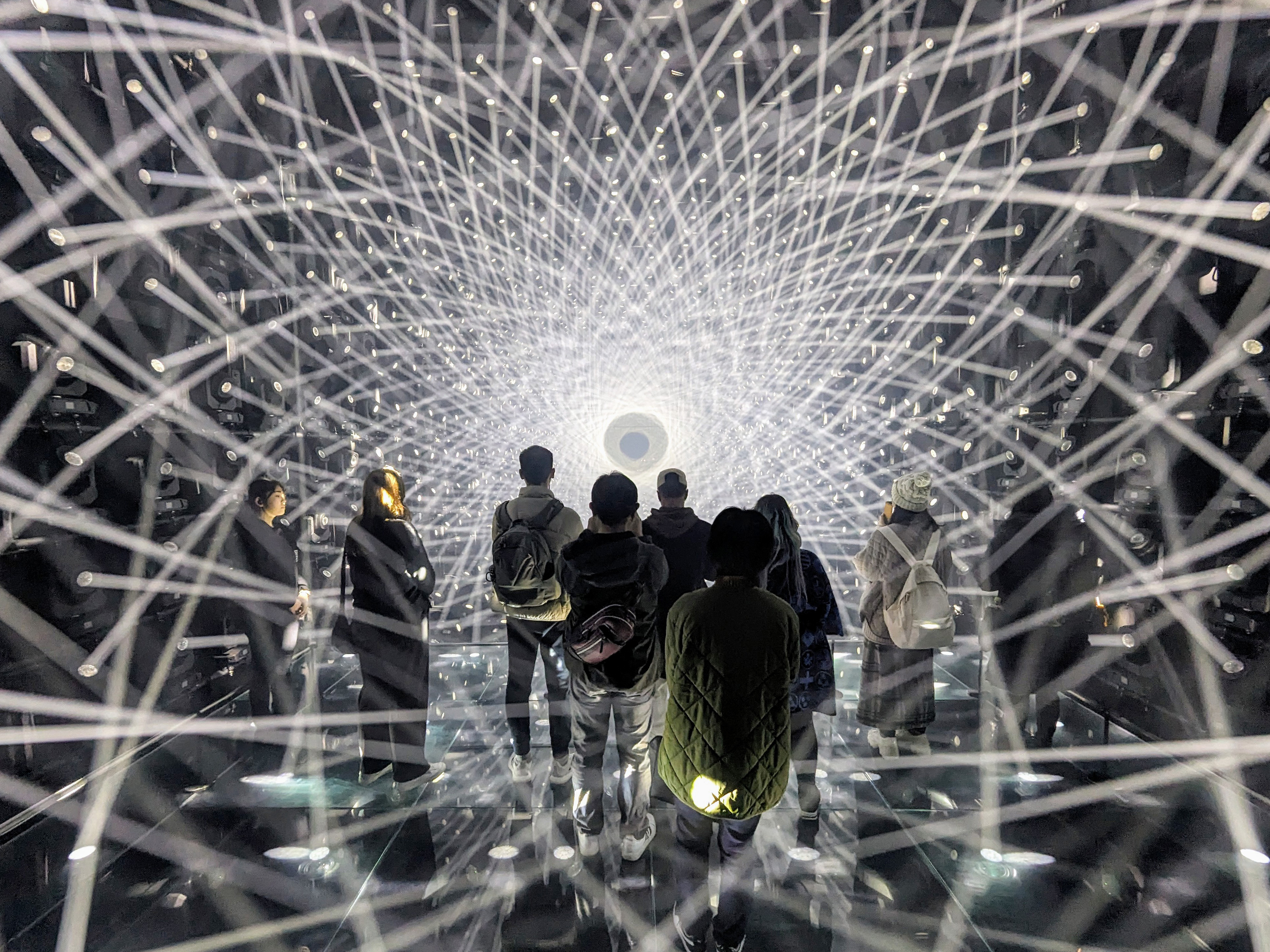 Visitors immersed in a light sculpture installation at teamLab Borderless digital art museum, Tokyo