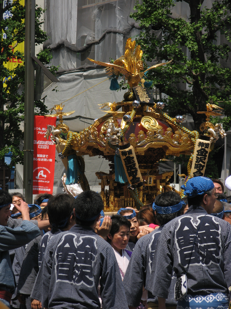 A mikoshi portable shrine carried through Akihabara during Kanda Matsuri, Tokyo